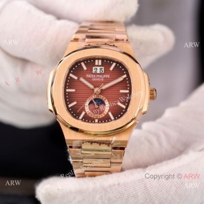 Grade AAA Replica Watches Patek Philippe Annual calendar Nautilus Chocolate Dial Rose Gold Watches